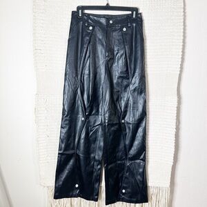 MUZKIN black faux leather wavy snap front wide leg pants S